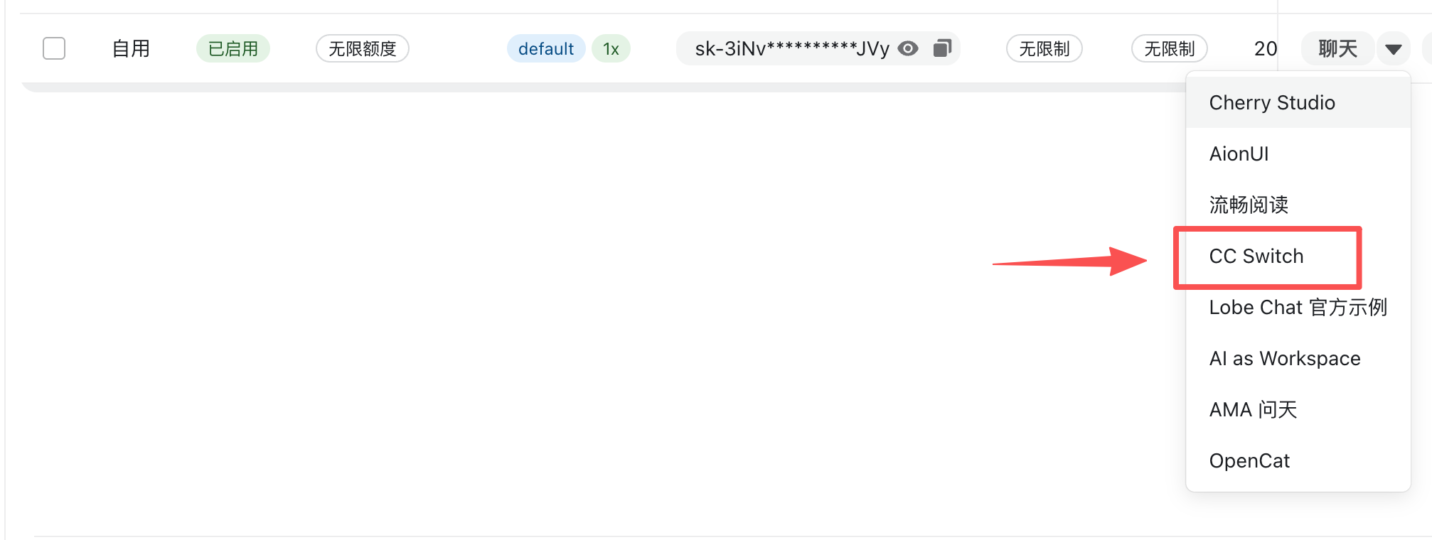 在 Skye API 控制台点击 CC Switch 一键配置入口